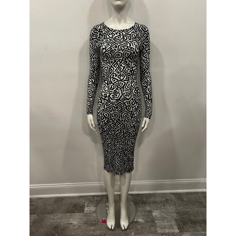 ASOS US 2 Women Black White Abstract Geometric Long Sleeve Bodycon Midi Dress